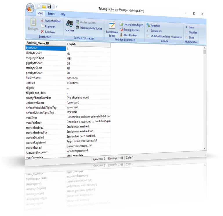 Wörterbuch mit importierten englischen Lokalisierungen aus Android SDK XML