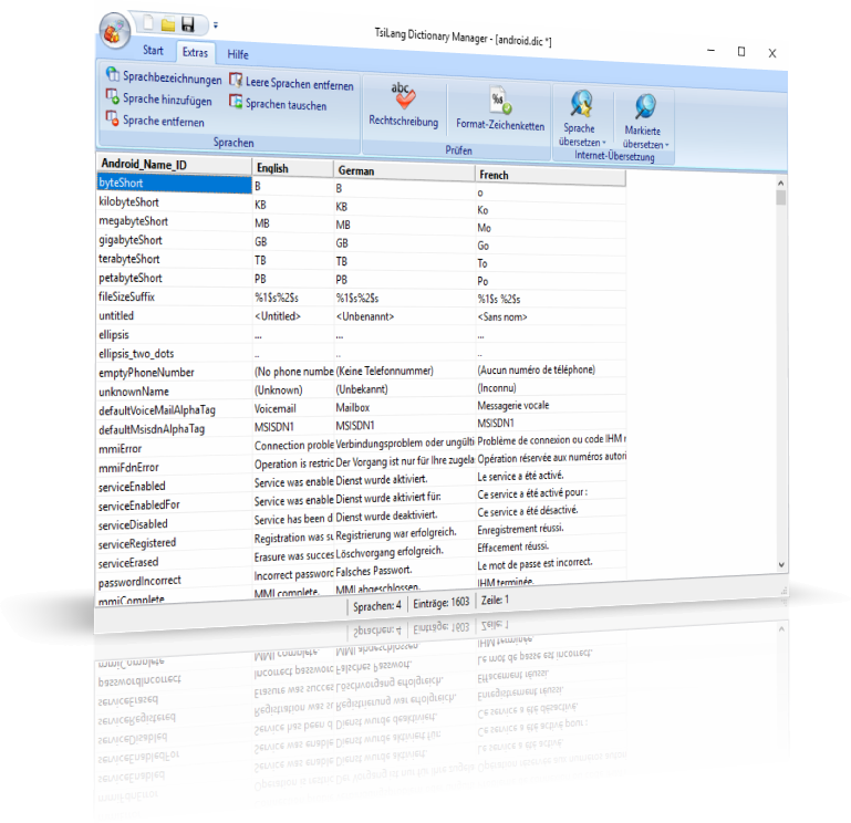 Wörterbuch mit englischen, deutschen und französischen Lokalisierungen aus dem Android SDK